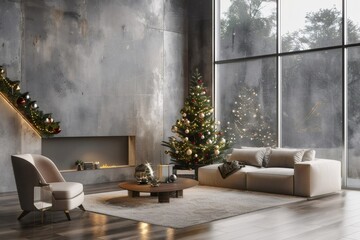 Cozy modern industrial living room decorated for christmas holidays