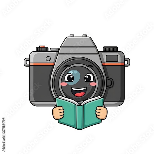 Cute cartoon camera character with a happy smiling face holding an open green book in its hands while looking excited to learn new things in a bright and cheerful style.