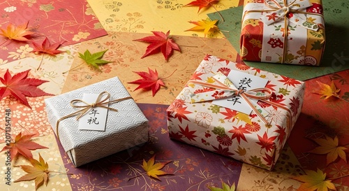 Wrapped gift boxes presents with autumn foliage falling leaves patterns on background