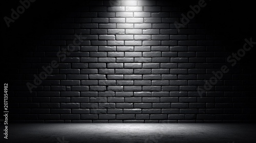 Dramatic black brick wall backdrop with spotlight and concrete floor