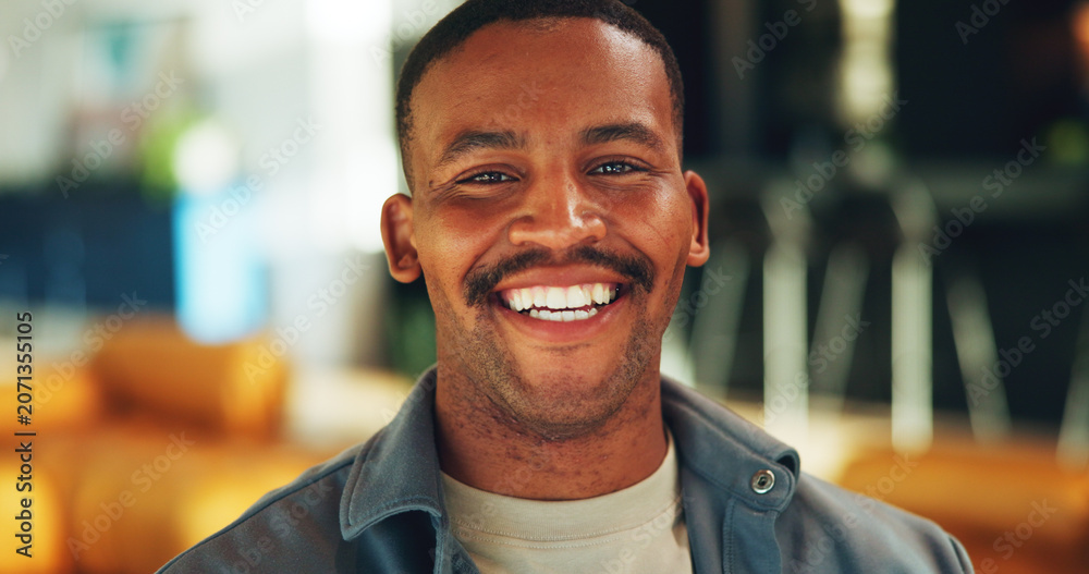 Fototapeta premium Portrait, oral hygiene and funny black man in home for gum health, dental wellness and mouth care. Laughing, teeth shine and person at apartment for dentistry benefits, orthodontics and smile