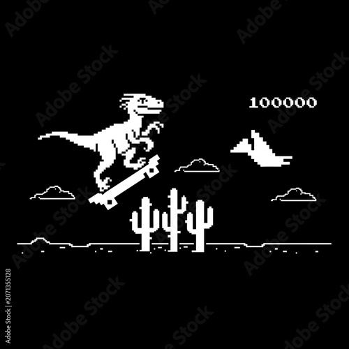 Dinosaur riding skateboard in desert.