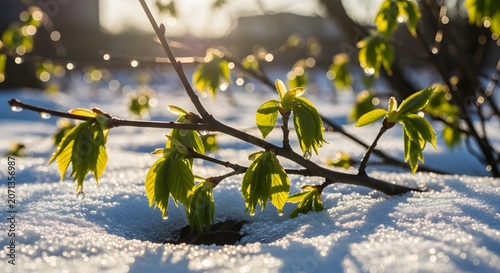 Close up view of fresh green leaves branches budding through melting winter snow