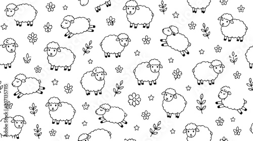 Playful sheep and flowers seamless pattern design.
