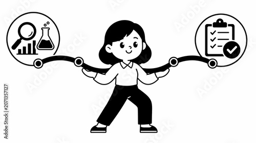 Woman balancing science and business concepts.