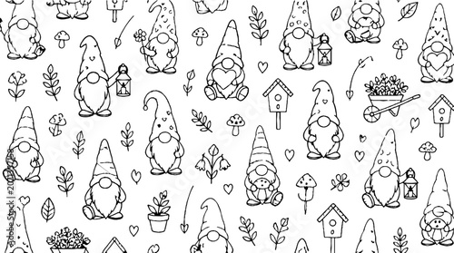 Whimsical gnome garden scene with plants and mushrooms.