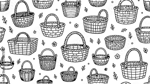 Hand Drawn Wicker Baskets with Floral Accents Pattern.