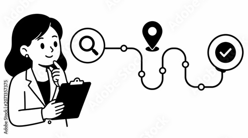 Woman with clipboard and location icons illustration.