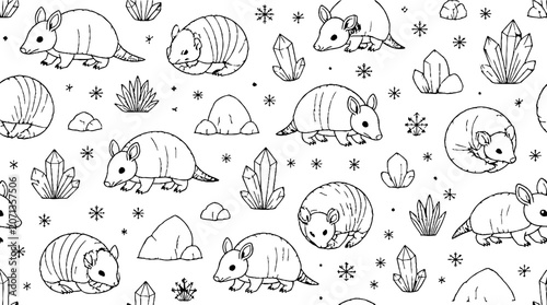 Detailed line art of armadillos and desert plants.