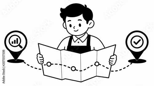 Person reading map with location pins and icons.