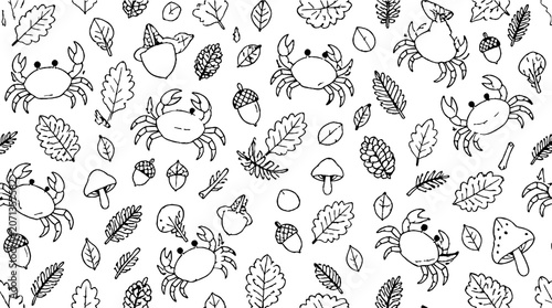Hand Drawn Seafood and Forest Elements Pattern.