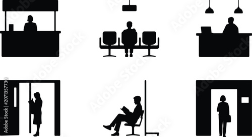 Canvastavla Collection of black silhouette images depicting people in various public and waiting area scenarios inside