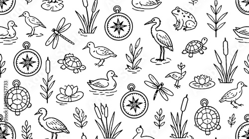 Detailed nature and wildlife illustration with compass and plants.