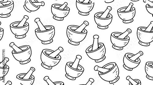 Repeating pattern of mortar and pestle illustrations.