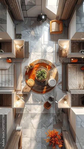 Overhead view of modern dining room.
