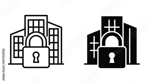 Corporate building silhouette with padlock icon representing secure office infrastructure or protected commercial real estate and business premises security in a modern vector graphic design