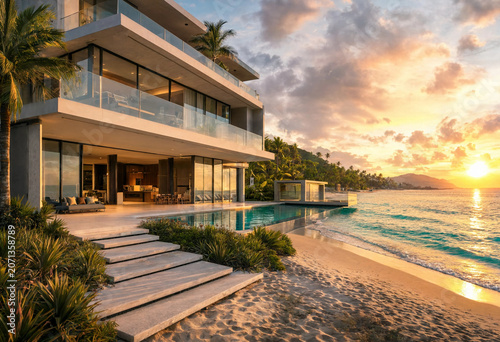 Modern beach house with pool and palm trees at sunset by ocean