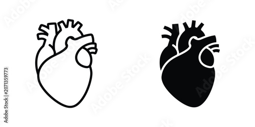 Anatomical human heart icons in outline and solid black style for medical and healthcare design