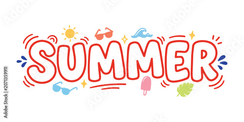 Playful Summer Typography Illustration with Sun Clouds and Seasonal Elements