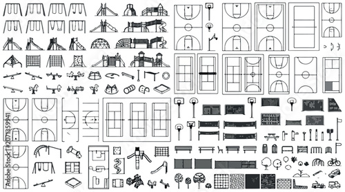 Architectural playground equipment and sports court symbols, black and white site plan icons, urban park landscape design elements vector set