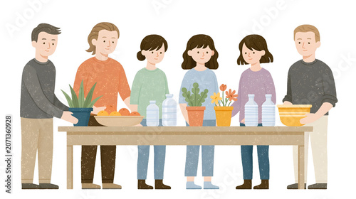 A Vibrant Gathering of Friends Engaging in Gardening Activities: Cultivating Plants and Creating Lasting Memories Together in a Lively Indoor Environment