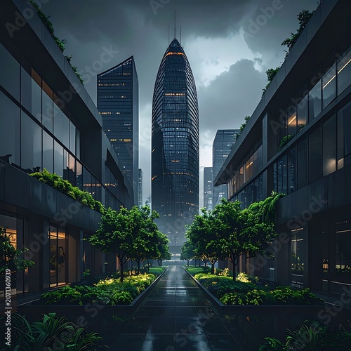 Modern cityscape with skyscrapers and greenery.