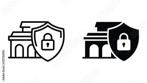 Secure bank or financial institution building with padlock inside protective shield icon set in black outline and solid black silhouette styles for financial security and asset protection