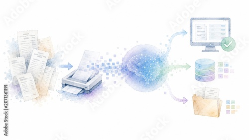 紙の書類をデジタル化しデータとして処理・管理する水彩画風のワークフロー概念図