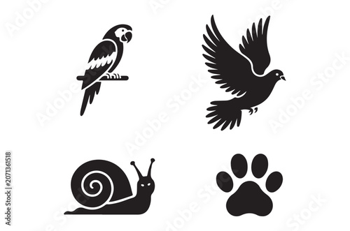 Animal Silhouettes Parrot Pigeon Snail And Paw Print In Black