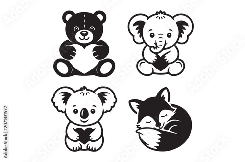 Black And White Silhouette Illustrations Of Teddy Bear Elephant Koala And Fox