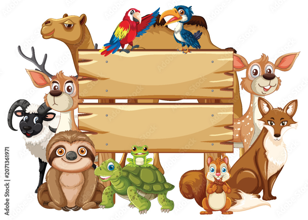 Obraz premium Group of Cartoon Forest and Jungle Animals Around Wooden Sign