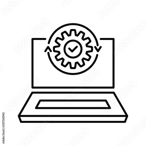 thin line laptop and gear wheel like update. lineart style trend modern minimal logotype stroke art design web element isolated on white background. concept of development or devops service badge