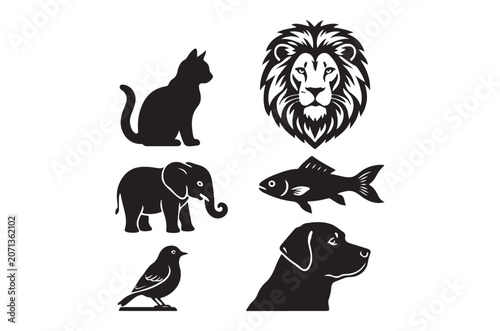 Animal Silhouettes Black Shapes Of A Cat Lion Elephant Fish Bird And Dog