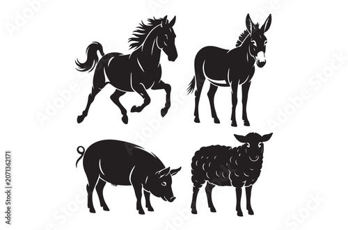 Farm Animal Silhouettes Horse Donkey Pig And Sheep
