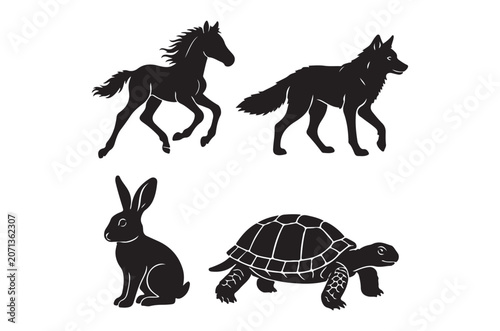 Animal Silhouettes Horse Wolf Hare And Turtle In Black