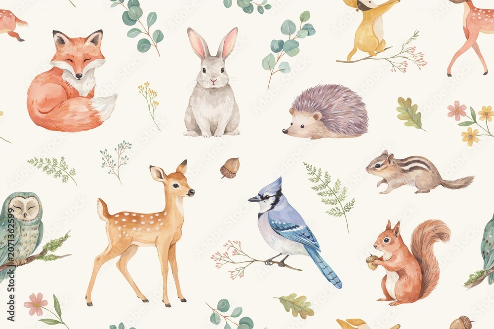 Naklejka premium Watercolor seamless pattern featuring forest animals like deer, fox, rabbit, hedgehog, owl, and squirrel with eucalyptus leaves and acorns