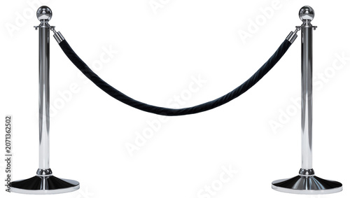 Quadro su tela Polished chrome stanchions with black rope barrier, isolated on transparent back