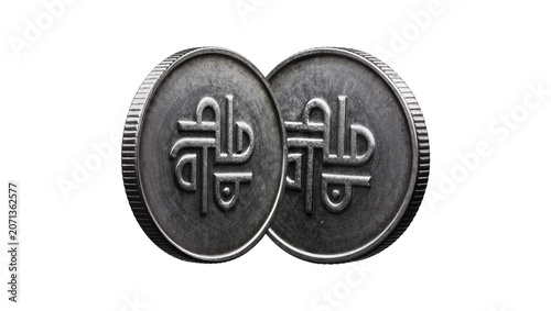 Fotografie Two metallic coins with embossed symbol, isolated on transparent background