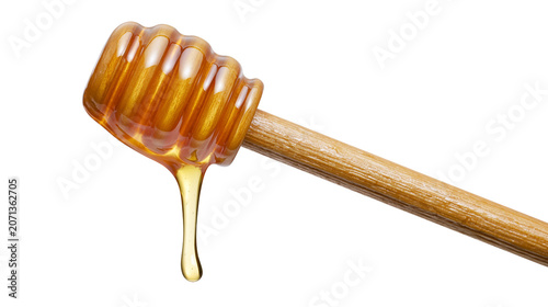 Canvas Print Golden honey dripping from wooden dipper, isolated on transparent background