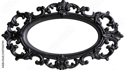 Quadro su tela Ornate black oval baroque picture frame with intricate scrollwork, isolated on t