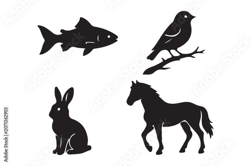 Animal Silhouettes Fish Bird Rabbit And Horse On White Background