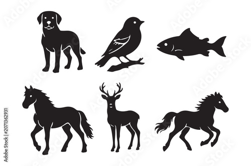 Animal Silhouettes Dog Bird Fish Horse Deer And Pony On White