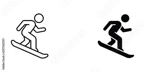 Snowboarding sport icon set featuring outline and solid black figures of a person riding a snowboard