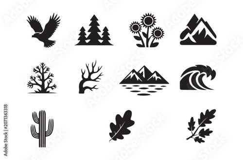 Nature Silhouette Collection Black Shapes On White Background