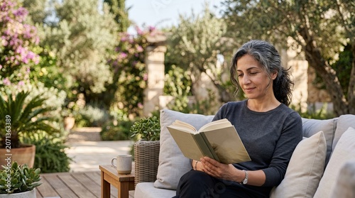 Mature woman reads book on outdoor sofa on patio surrounded by lush garden.