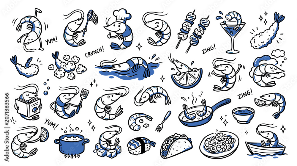 Fototapeta premium Collection of cute cartoon shrimp characters in various poses and culinary preparations, isolated on a white background