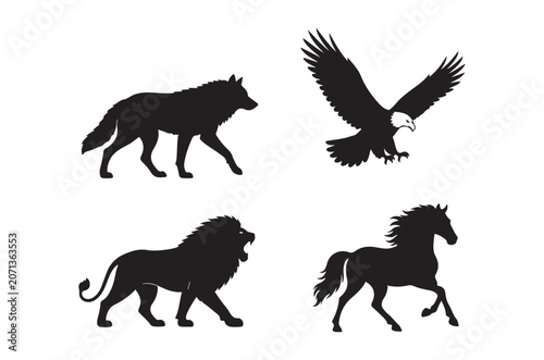 Animal silhouettes wolf eagle lion and horse on a white background