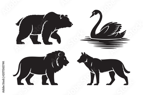Animal Silhouettes Bear Swan Lion And Wolf On White Background