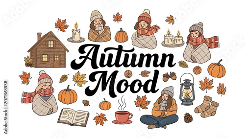 Photos Cozy Autumn Vibes: A heartwarming collection of illustrations depicts children wrapped in blankets, pumpkins, falling leaves, candles, and hot drinks