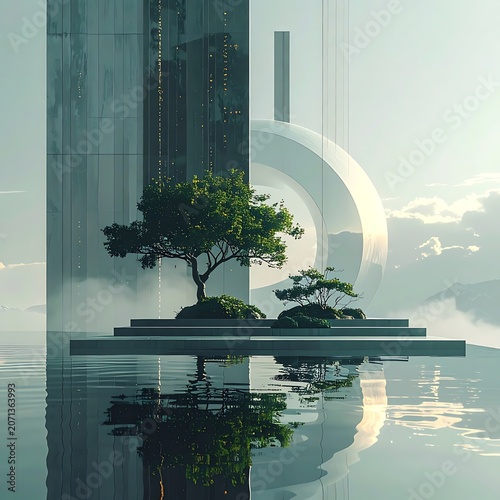Serene futuristic cityscape with trees.